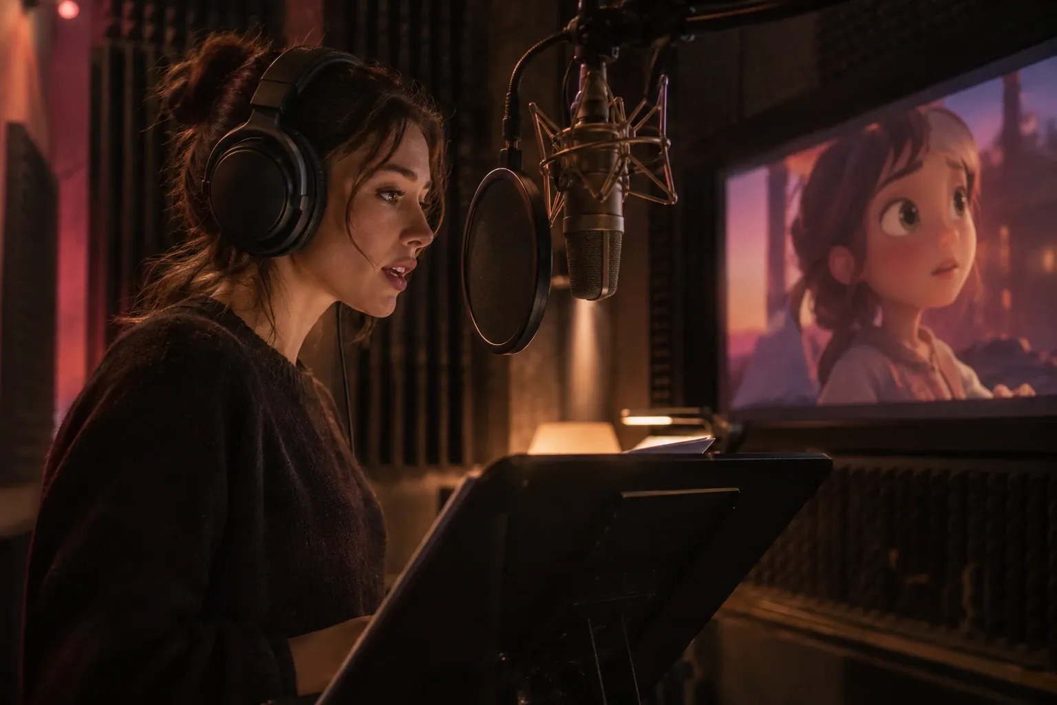 Actriz de doblaje leyendo guion frente a micrófono en estudio, pantalla con personaje de anime