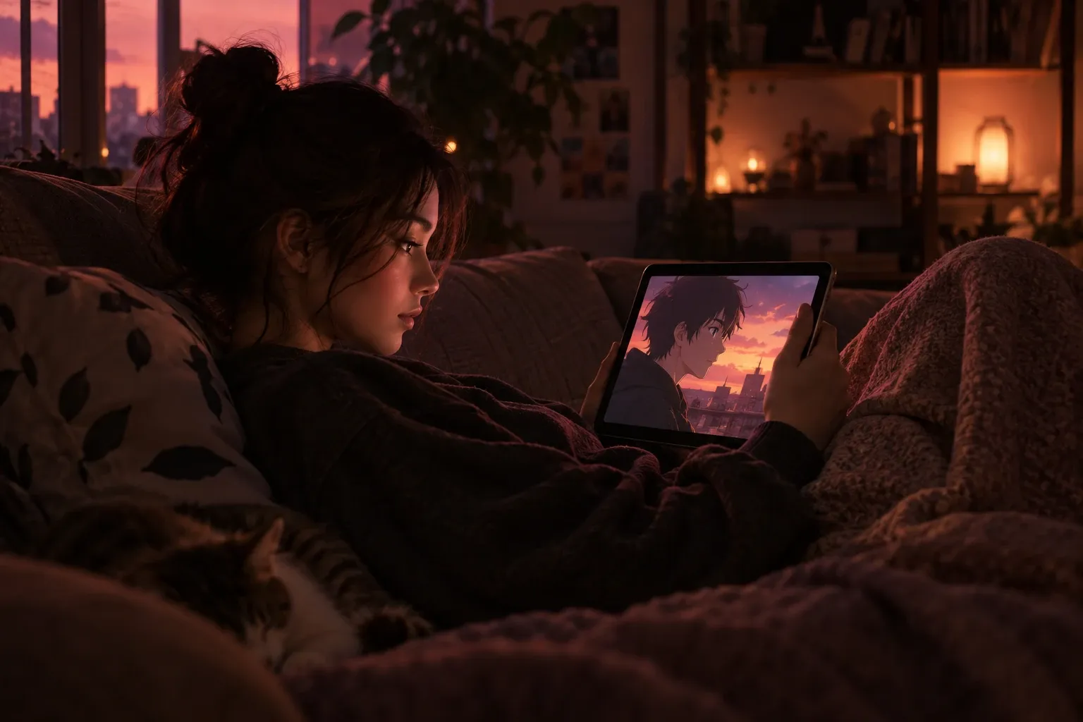 Joven en sofá viendo anime en tablet al atardecer, gato dormido a su lado