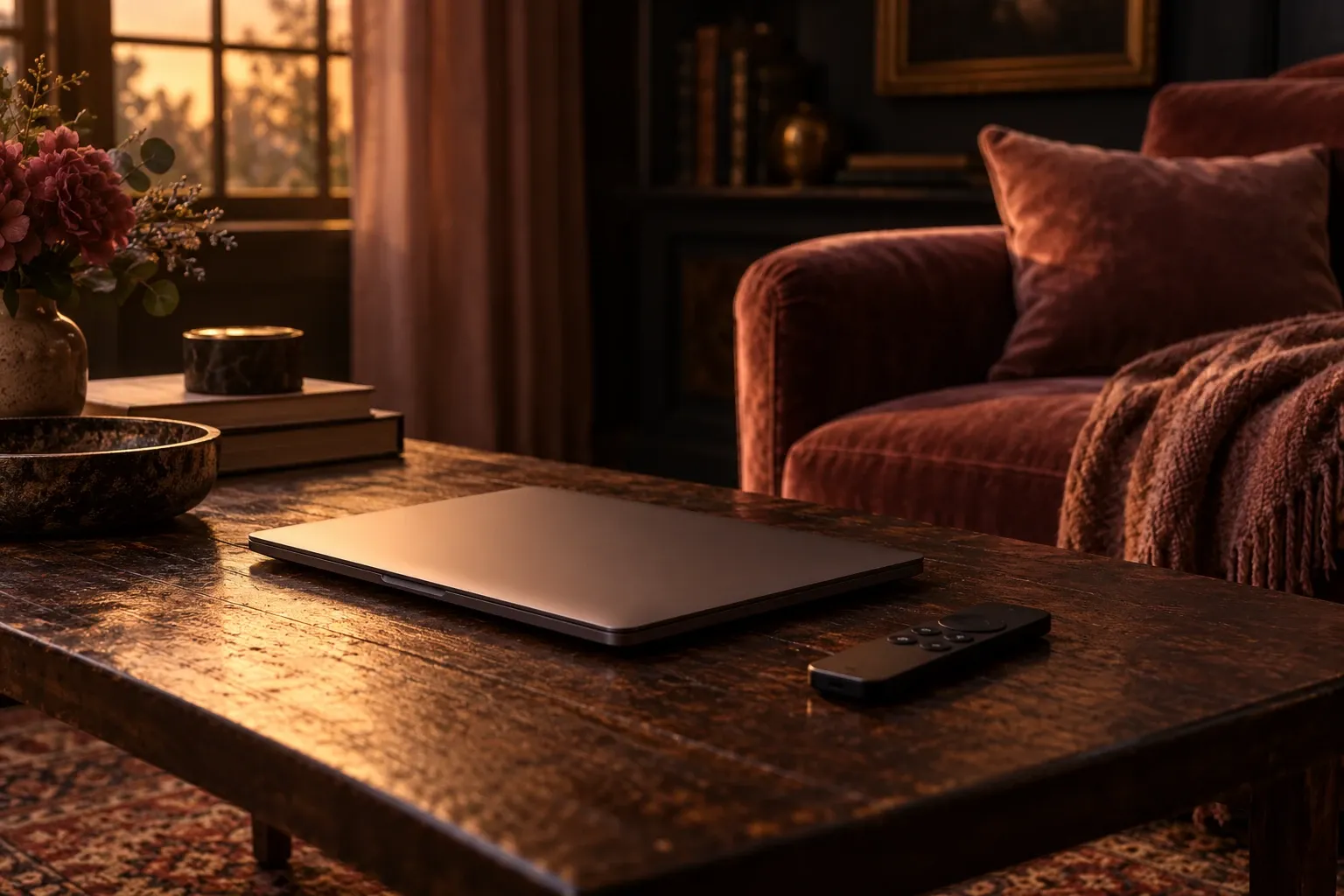 Sala acogedora con laptop cerrada y mando sobre mesa frente a sofá aterciopelado al atardecer