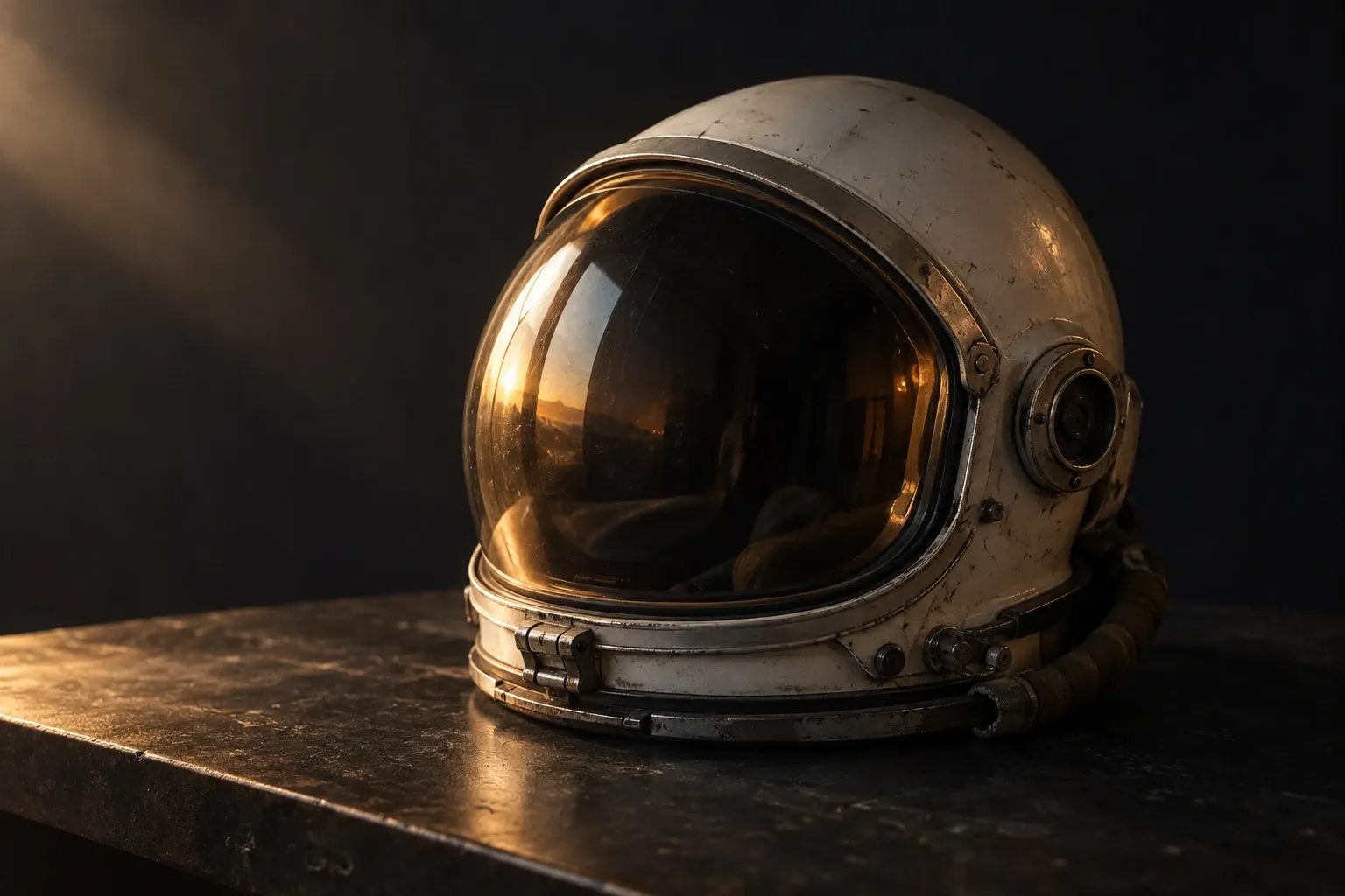 Casco espacial vintage con visor dorado apoyado sobre mesa metálica iluminado lateralmente