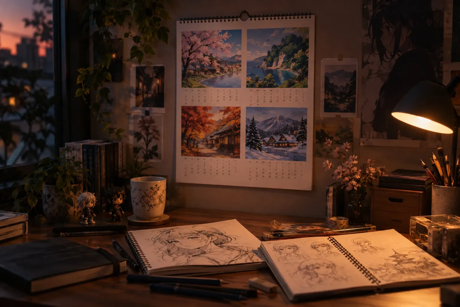 Mesa de dibujo con bocetos de personajes de anime, lápices, taza y calendario iluminados por lámpara
