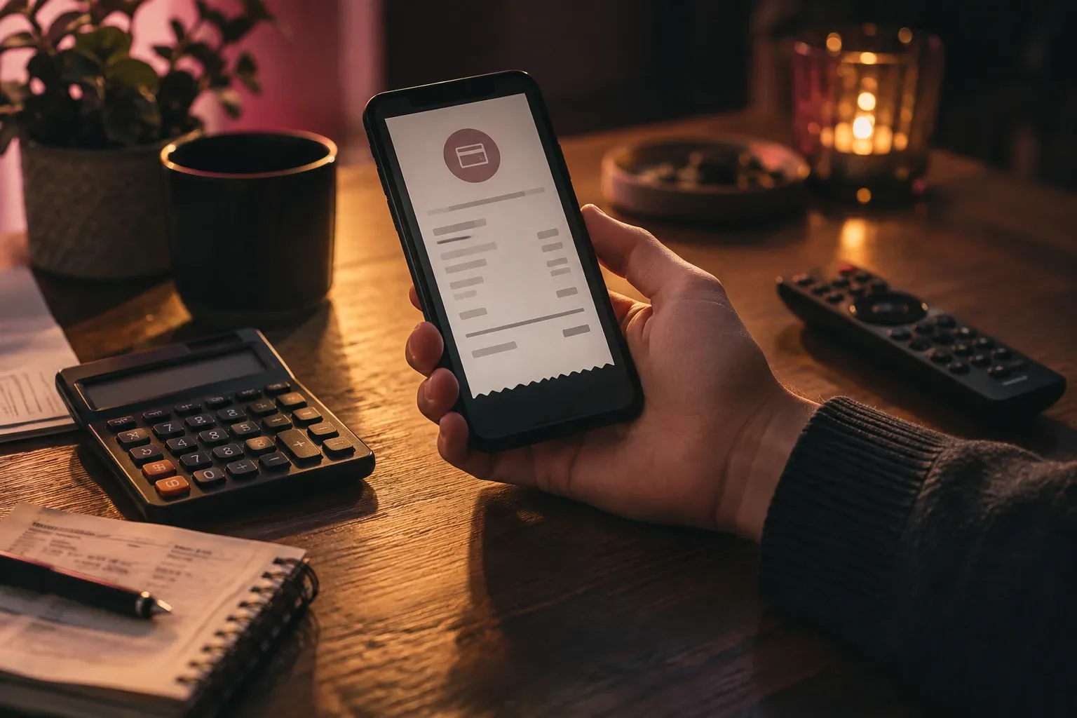 Persona sosteniendo teléfono con factura en pantalla, calculadora y libreta sobre mesa iluminada