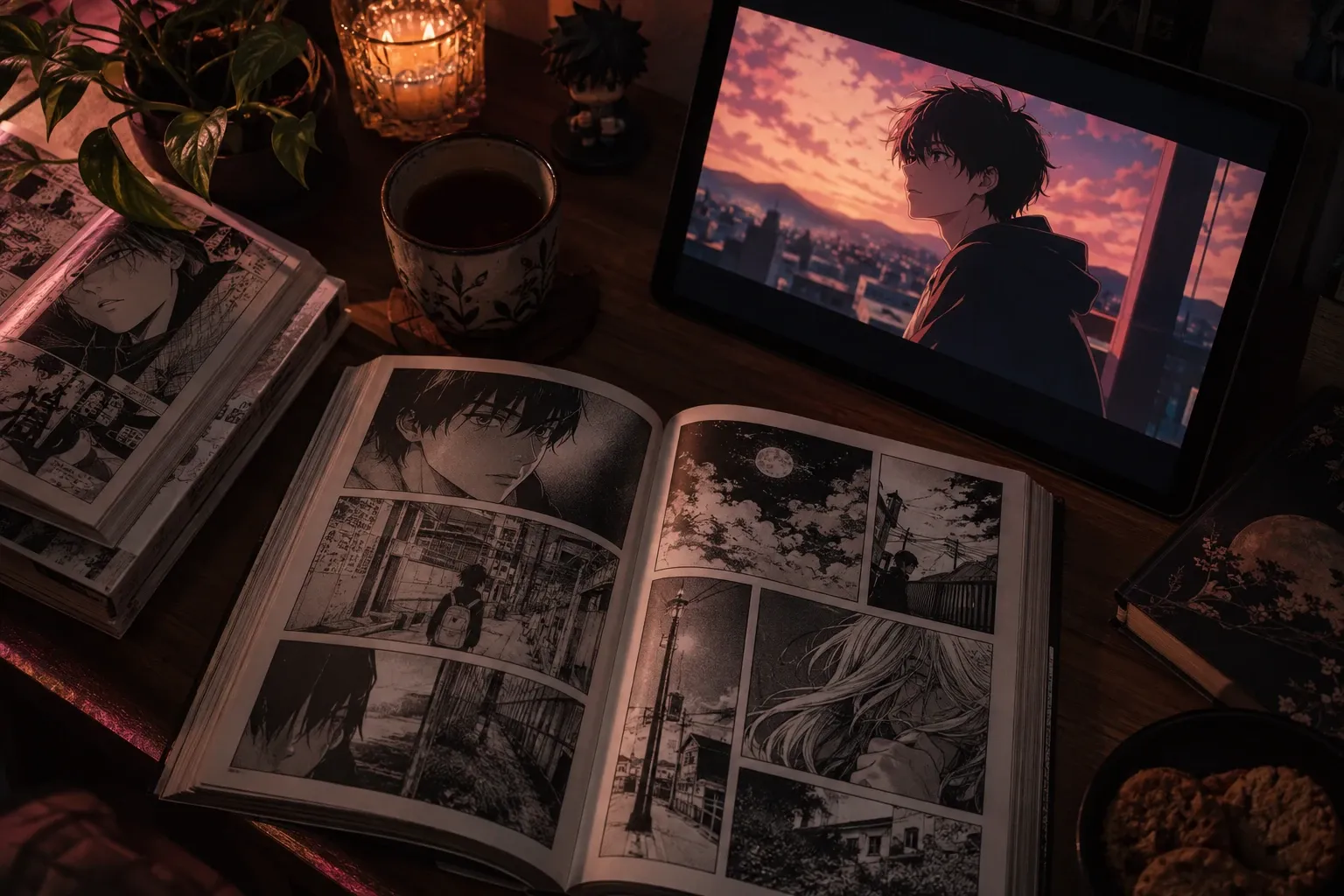 Manga abierto sobre mesa, tablet mostrando escena de anime al atardecer, vela encendida