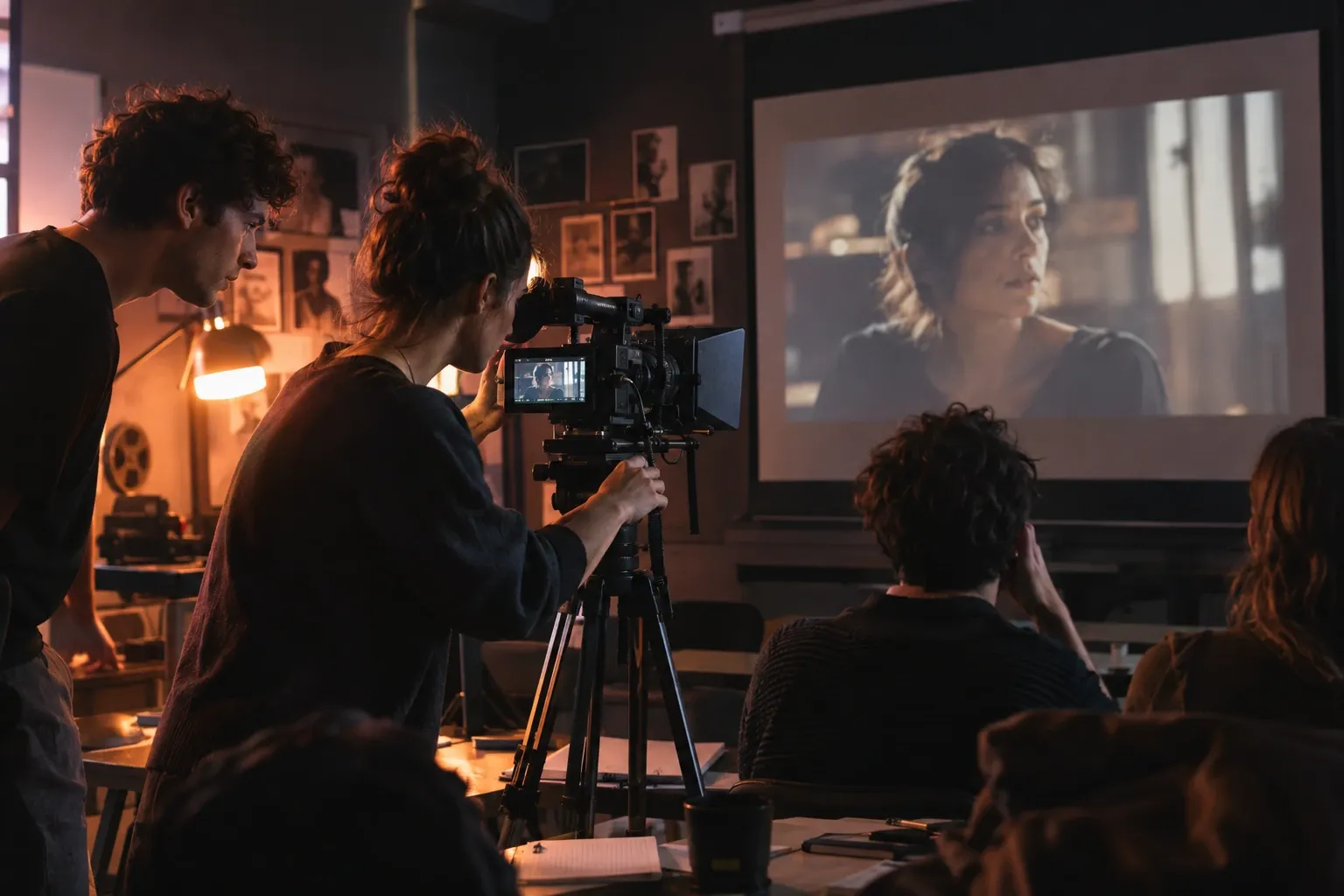 Estudiantes operan cámara en aula oscura proyectando escena dramática en pantalla grande