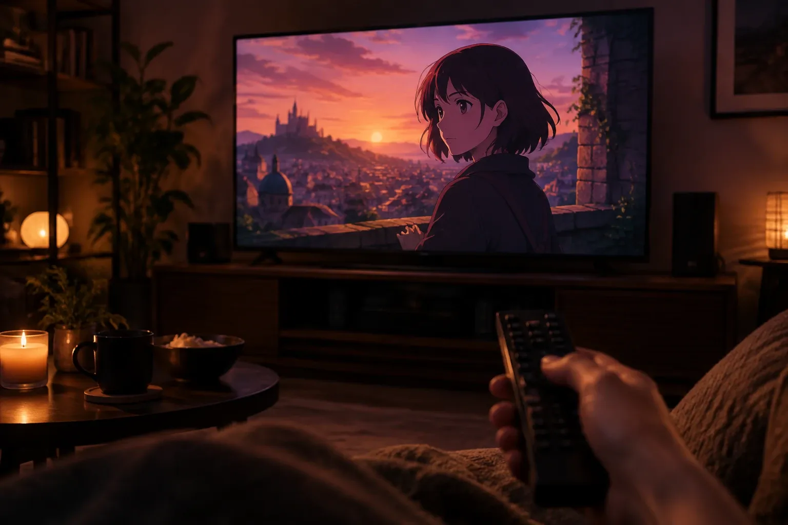 Sala tenue viendo anime en televisión, persona con mando, velas y palomitas visibles