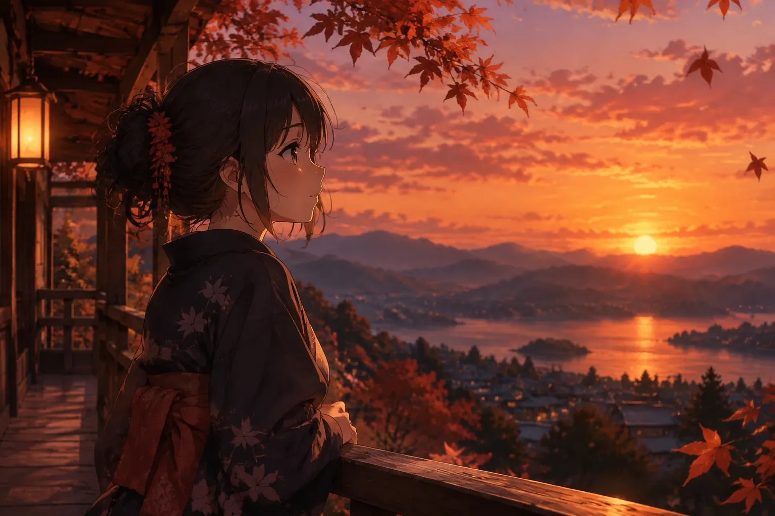 Chica en kimono junto a baranda observando atardecer otoñal sobre lago y montañas
