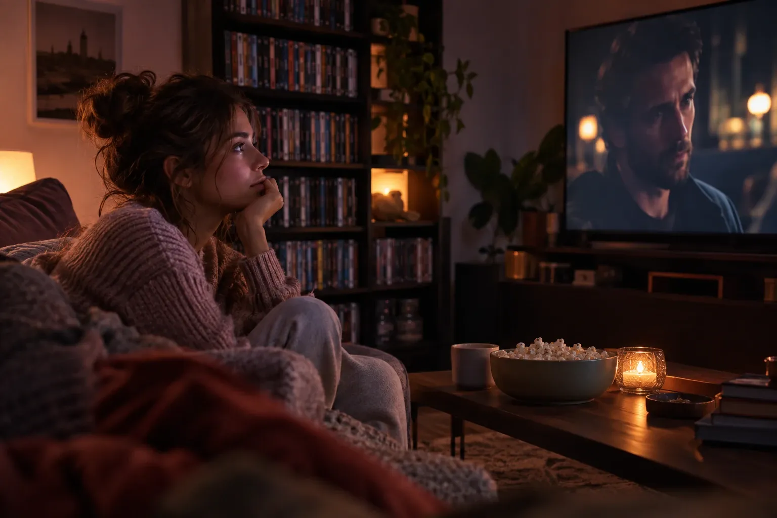 Mujer en sofá viendo película en televisión, tazón de palomitas y vela encendida