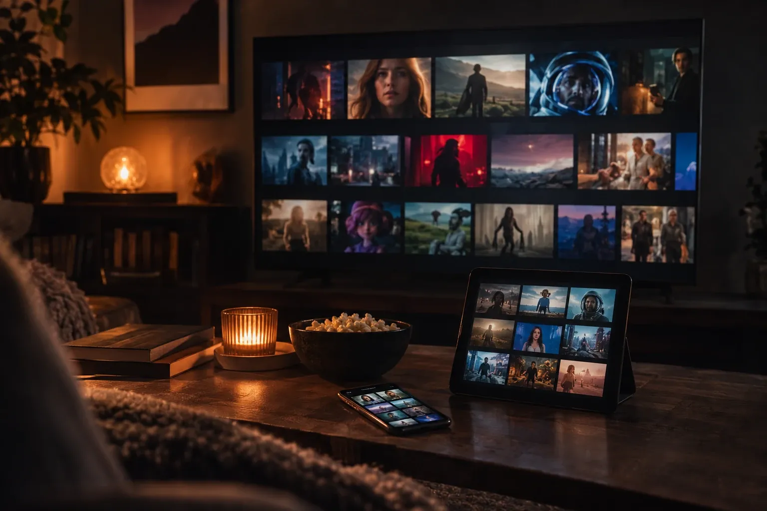 Salón iluminado con televisor, tablet y móvil mostrando menús de streaming, bol de palomitas