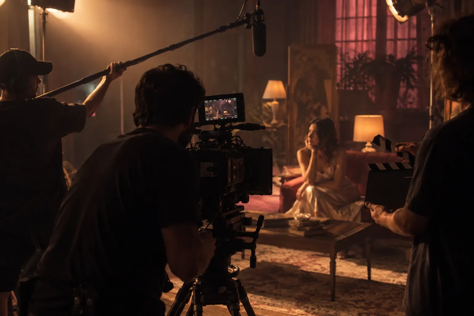 Equipo de rodaje grabando escena íntima en salón iluminado con luz cálida