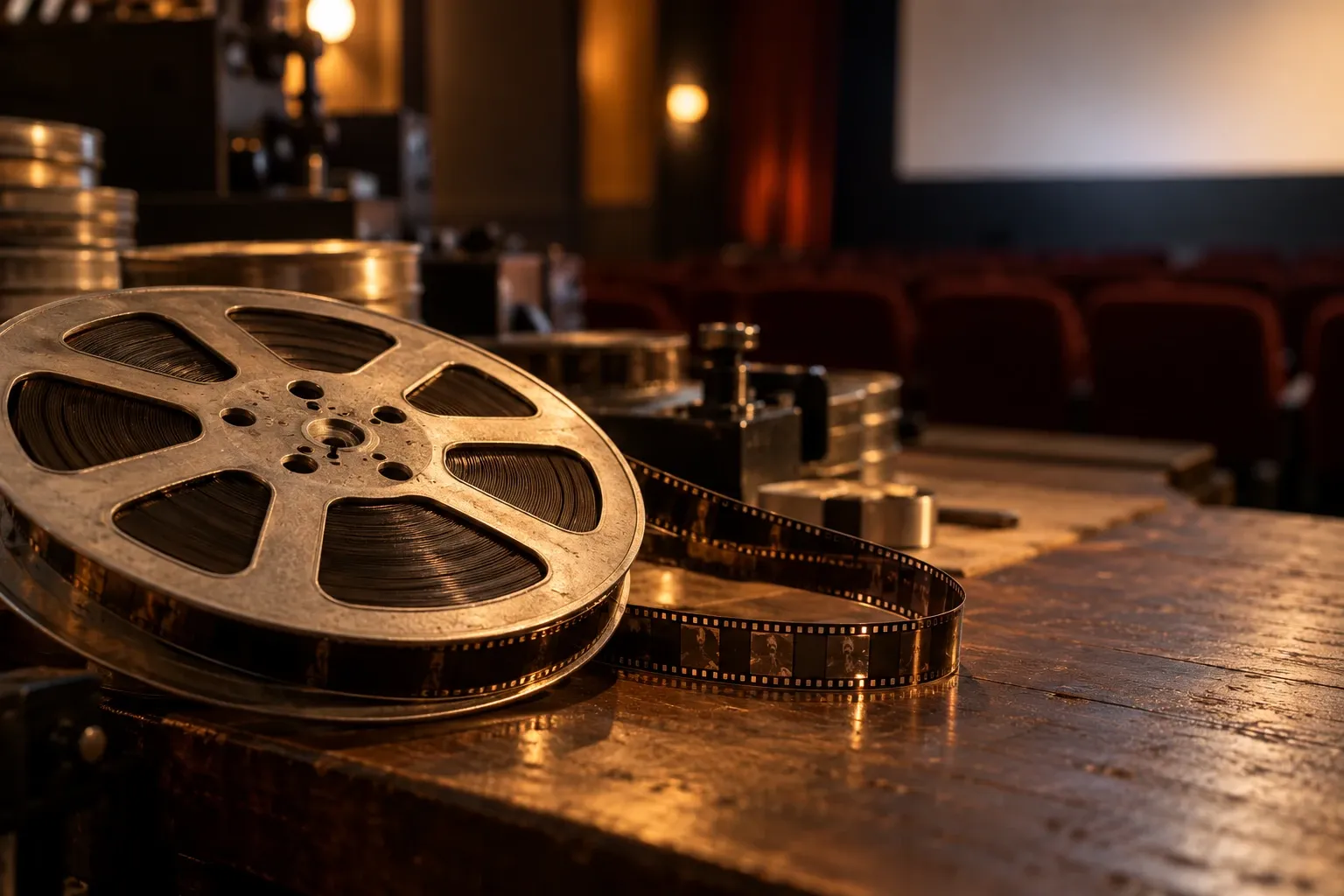 Tambores de película y rollo de celuloide sobre mesa en sala de cine vacía, luz cálida