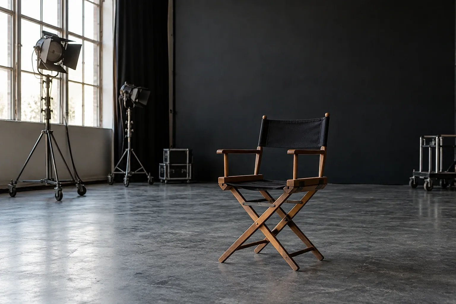 Sillón de director vacío en estudio de filmación con focos y ventana lateral