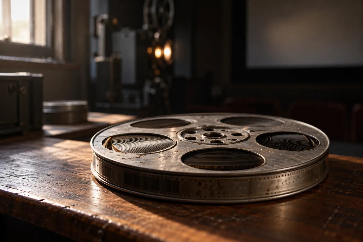 Antigua bobina de película metálica sobre mesa de madera en sala de proyección iluminada