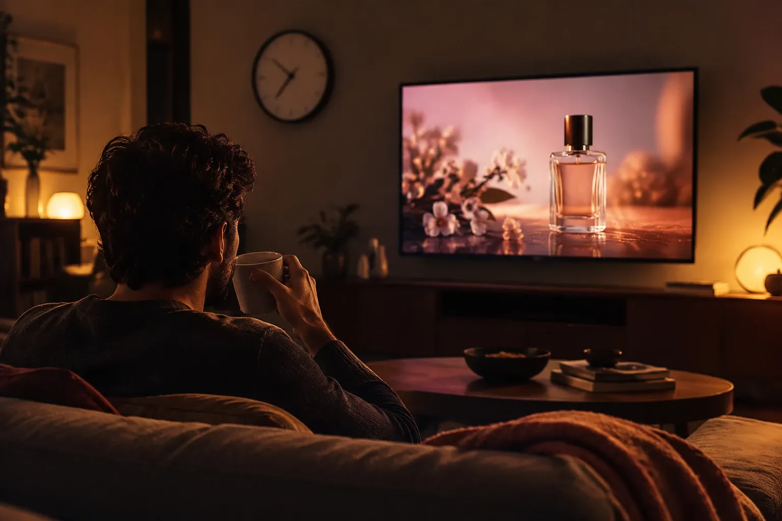 Persona sentada en sofá sosteniendo taza viendo anuncio de perfume en televisión