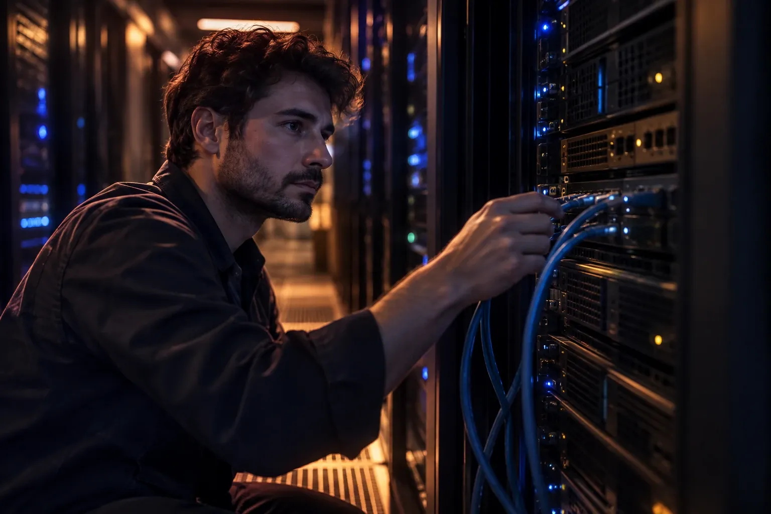 Técnico ajustando cables en rack de servidores en pasillo con luces azules suaves