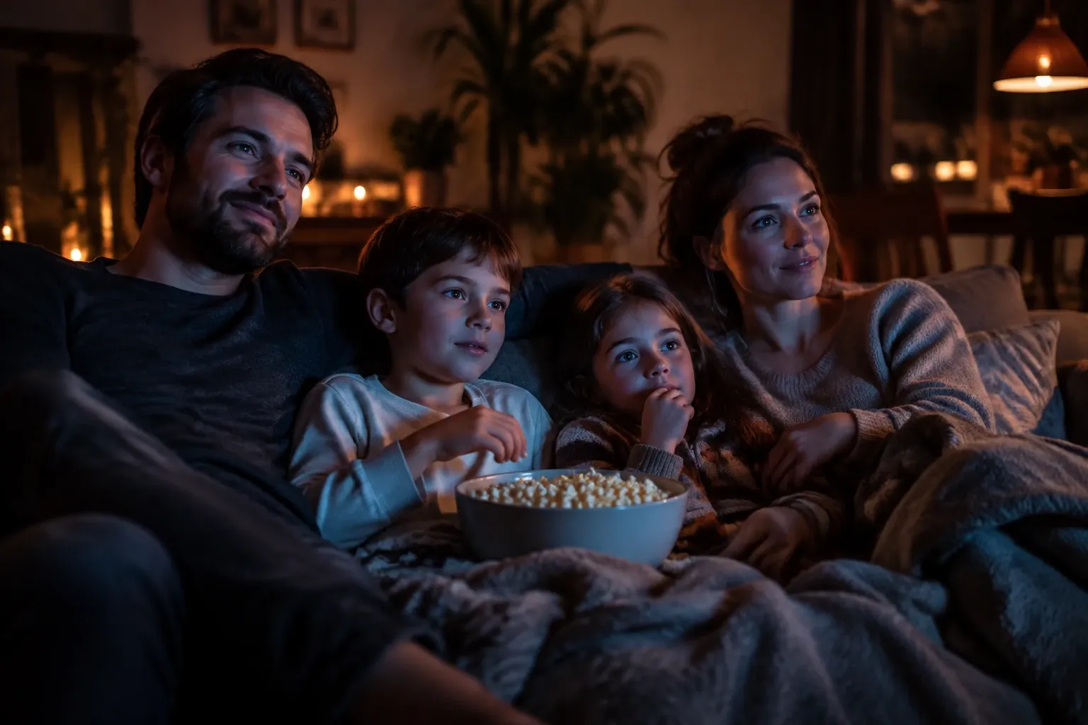 Familia de cuatro en sofá nocturno viendo televisión con bol grande de palomitas