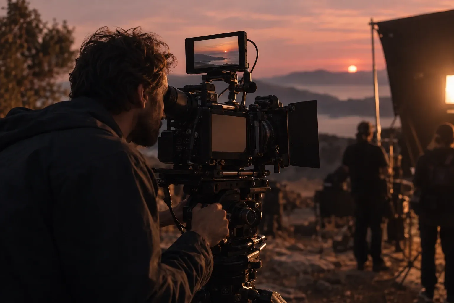 Camarógrafo ajustando cámara profesional en exterior durante atardecer con monitor mostrando escena