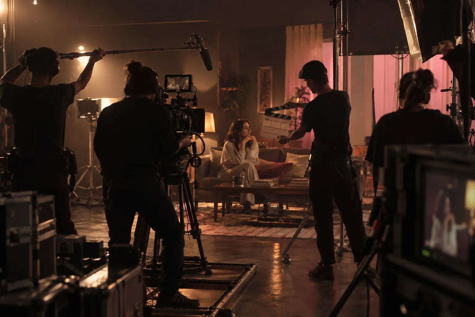 Equipo de rodaje filmando a actriz sentada en sofá, luces y cámara en acción