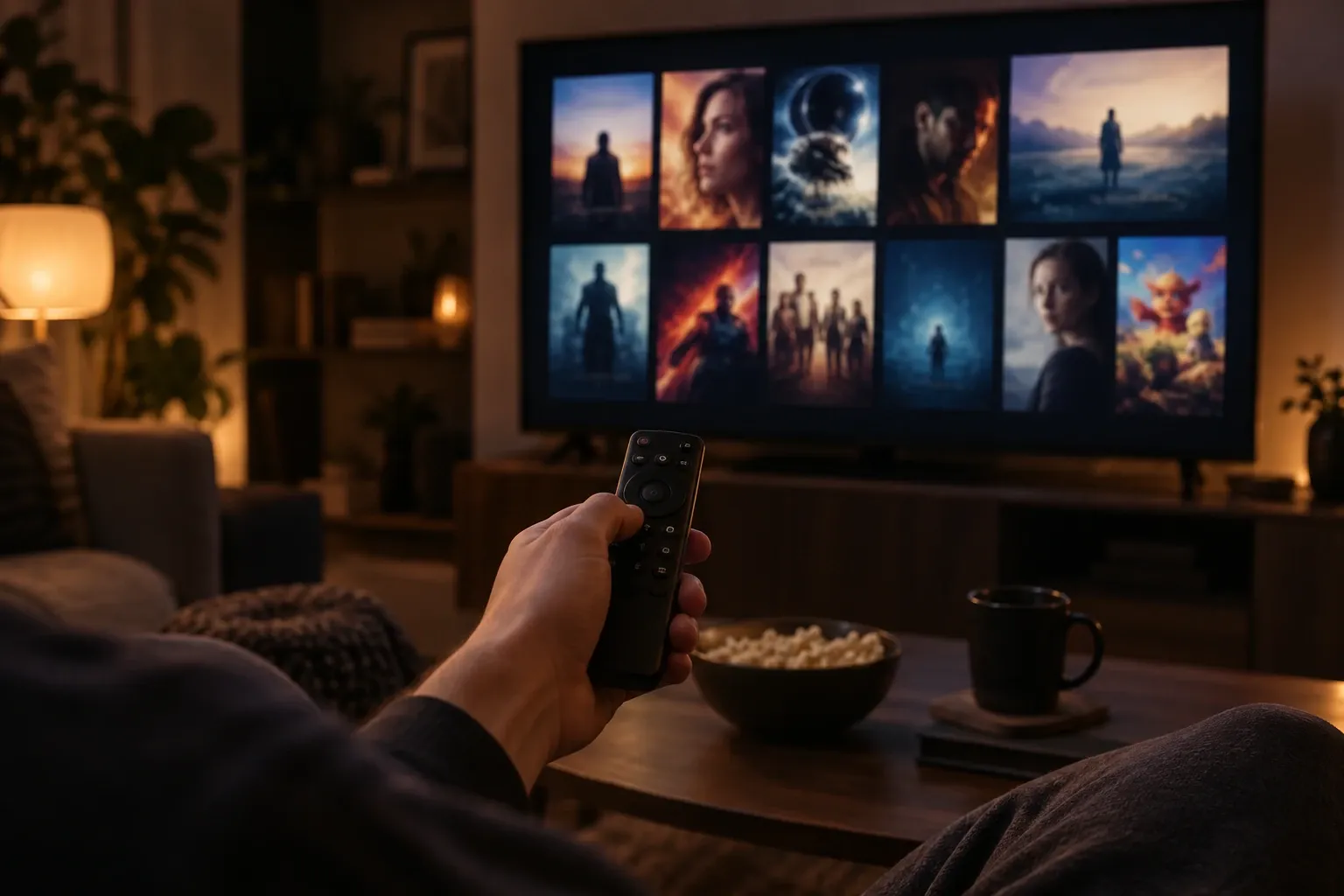 Mano con control remoto apuntando a televisor con mosaico de películas, sofá y palomitas