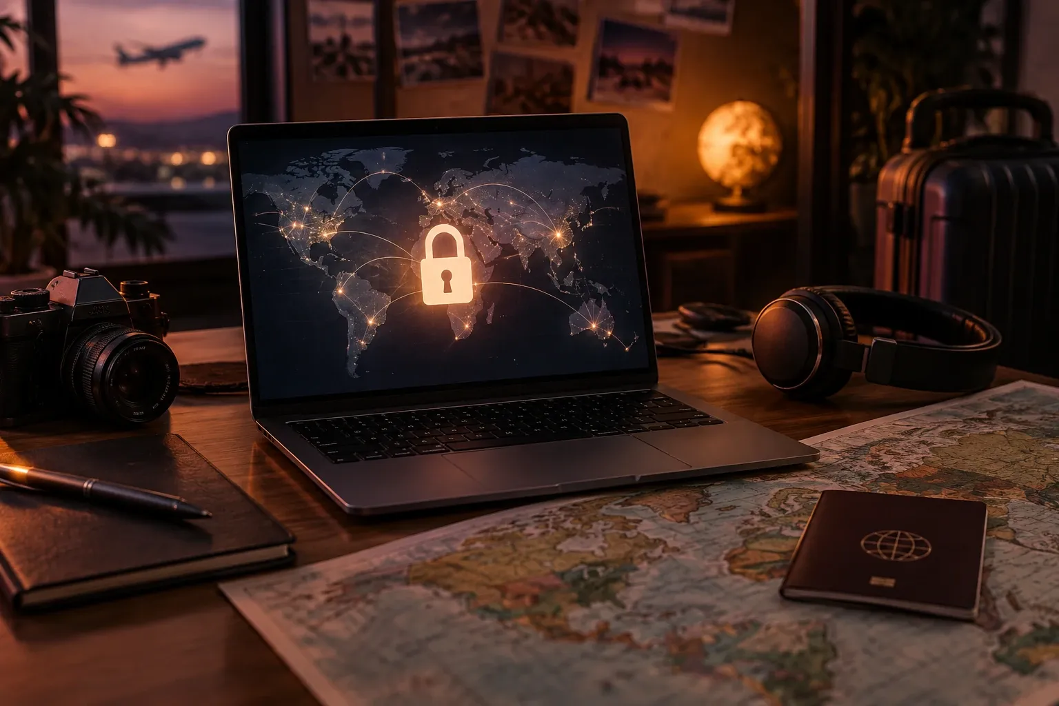 Portátil con candado digital sobre mapa, pasaporte, auriculares y cámara en escritorio nocturno