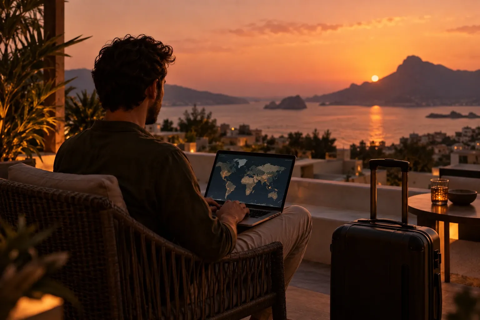 Hombre sentado en terraza con portátil mostrando mapa, maleta y atardecer marino